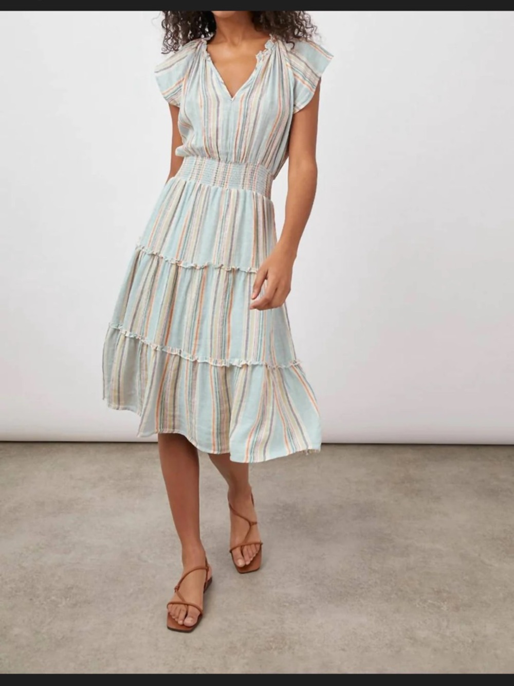 Tiered Smocked Waist Midi Dress in Light Blue Stripe